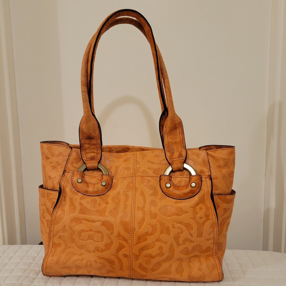 B. Makowsky Ornate Tooled Embossed Leather Tote Shoulder Bag‎ Western Camel Tan